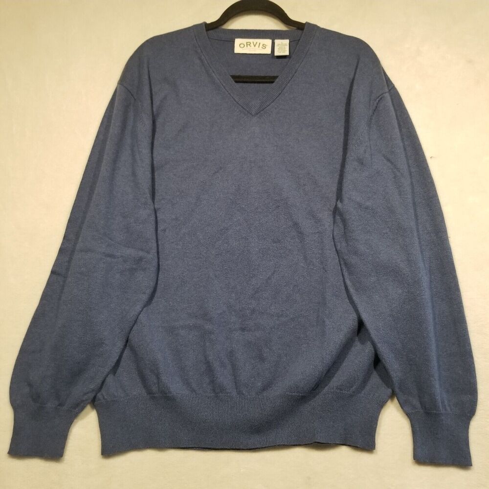 Orvis Sweater Mens Large Slate Blue V Neck Pullover Cotton Cashmere Blend